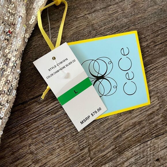 CeCe Sequined V-Neck Cap-Sleeve Silver Blouse-Size Large - Picture 4 of 6